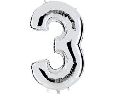 Ballon Zahl 3 in Silber - XXL Riesenzahl 100cm - für Geburtstag Jubiläum & Co - Party Geschenk Dekoration Folienballon Luftballon Happy Birthday