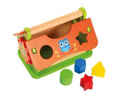 Bino &Mertens 72439 - Steckspiel Holzhaus Eule mit Lernuhr, 7 Teile. Macht spielerisch mit Formen und Farben vertraut und hilft nebenbei beim Kennenlernen der Uhr. Größe ca. 20x14x15,7 cm.