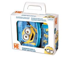 POS 24324088 - Pausen-Set mit beliebtem Minions Motiv, 2 teiliges Set bestehend aus Brotdose und Trinkflasche, für Jungen und Mädchen, im Geschenkkarton, ideal als Geschenk zur Einschulung