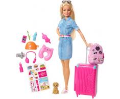 Barbie FWV25 - Reise Puppe mit blonden Haaren inkl. Reisezubehör und Hündchen, Puppen Spielzeug und Puppenzubehör ab 3 Jahren