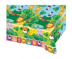 Amscan 9901918 - Tischdecke Dschungel Tiere, 1 Stück, Größe 120 x 180 cm, Kunststoff, wasserabweisend, mehrfarbige Tiermotive, Löwe, Tiger, Giraffe, Nilpferd, Kinderparty, Mottoparty, Geburtstag