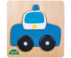 Lena 32085 - Holzpuzzle Polizeiauto, Kinderpuzzle mit Grundplatte 14 x 14 cm und 4 Puzzleteilen, Teile und Platte aus 100% FSC Holz, Puzzlespiel für Kinder ab 18+ Monaten, Legespiel für Kleinkinder