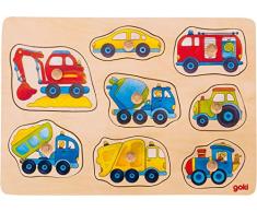 Goki 57726 Steckpuzzle Fahrzeuge Aquarell aus Holz 8-teilig, Mehrfarbig