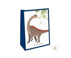 Amscan 9903978 - Papiertüten Fröhlicher Dinosaurier, 4 Stück, Größe 14,7 x 21 cm, mit Sticker, Weiß-Blau mit mehrfarbigen Motiven, Dino, Happy Dinosaur, Geschenktasche, Verpackung, Tüte, Give Away