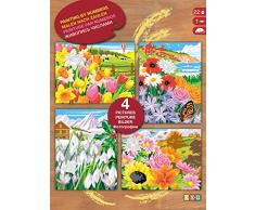 MAMMUT 8211522 - Malen nach Zahlen, Blumen der Saison, 4er-Set, Komplettset mit 4 bedruckten Malvorlagen (A4), 32 Acrylfarben, 2 Pinsel und Anleitung, Malset für Kinder ab 10 Jahre