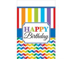 Amscan 571465 - Tischdecke Happy Birthday, 1 Stück, Größe 137 x 243 cm, Kunststoff, wasserabweisend, mehrfarbig, Alles Gute zum Geburtstag, Streifen, Zick Zack, Party, Tischdekoration