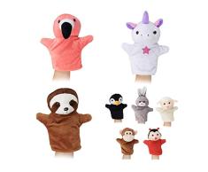 Relaxdays 10024372 Handpuppen für Kinder, 8er Set Tiere, AFFE, Einhorn, Faultier, Flamingo, Handspielpuppen, weiches Plüsch, bunt