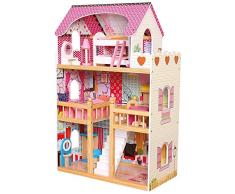 Bino & Mertens 83554 - großes Puppenhaus aus Holz, Geschosshöhe ca. 28 cm. Jedes Zimmer ist möbliert, 17 Teile, mehrfarbig mit 3 Spielebenen 1 Balkon und 1 lange Treppe. Größe ca. 90x20x60 cm.