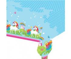 Amscan 9902104 - Tischdecke Einhorn, 1 Stück, Größe 120 x 180 cm, Kunststoff, wasserabweisend, Blau mit Punkten mehrfarbigen Motiven, Unicorn, Regenbogen, Schloss, Kinderparty, Mottoparty, Geburtstag