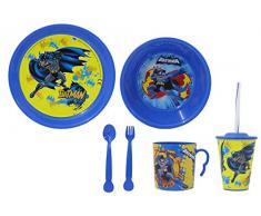 Batman Kinder Geschirrset 8teilig - offiziell lizenziert, Spülmaschinengeeignet, Teller, Tasse, Müslischale, Gabel, Löffel, Trinkbecher mit Deckel und Strohhalm