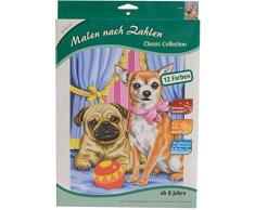 MAMMUT 110020 - Malen nach Zahlen Classic Tiermotiv, Mops & Chihuahua, Hund, Komplettset mit bedruckter Malvorlage im A4 Format, 12 Acrylfarben, Pinsel, Malset für Kinder ab 8 Jahre