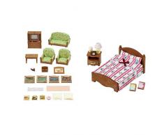 Sylvanian Families 5287 5287-Wohnzimmer-und TV-Set, Bunt & Families 5019 Doppelbett, Puppenbett, Mehrfarbig