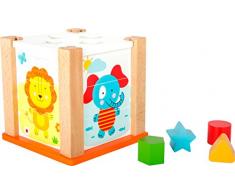 Small Foot 10502 Steckwürfel aus Holz, Spielspaß auf 5 verschiedenen Seiten mit Schiebeplatten als Puzzle und Formen-Spiel mit bunten Elementen, zur frühen Motorikförderung