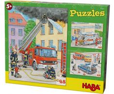 HABA 304218 - Puzzles Einsatzfahrzeuge, 3 Puzzles mit je 48 Teilen, 3 Motive mit Feuerwehr, Rettung und Polizei, Puzzlespaß ab 5 Jahren
