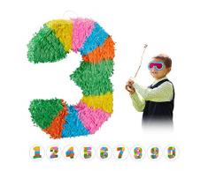 Relaxdays 10025189_905 Pinata Geburtstag, Zahl 3, zum Aufhängen, Kinder & Erwachsene, Papier, zum selbst Befüllen, Piñata, bunt