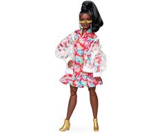 Barbie GHT94 BMR1959 Streetwear Signature bewegliche Puppe brünett, mit transparenter Bomberjacke und Kapuzenkleid, inkl. Accessoires und Puppenständer