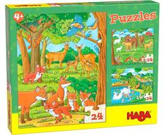 HABA 305468 - Puzzles Tierfamilien, Puzzle-Box mit 3 Tier-Motiven für Kinder ab 4 Jahren, Kinderpuzzles mit je 24 Teilen, zur Förderung der Feinmotorik und Auge-Hand-Koordination