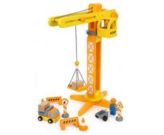 Small Foot 12007 Baukran aus Holz, FSC 100%-Zertifiziert, mit Baustellenzubehör, 13 Teile, 360 Grad drehbar, für kleine Bauarbeiter Spielzeug, Mehrfarbig