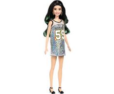 Barbie FXL50 - Fashionistas Puppe im silbernen Pulli mit schwarz grünen Haaren, Puppen Spielzeug ab 3 Jahren