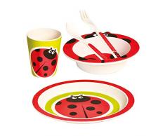 Bino & Mertens 60006 - buntes Kindergeschirr-Set aus Bambus, rot, niedlicher Marienkäfer. 5tlg. mit Teller, Schüsselchen, Becher und Besteck. Für Kinder im Alter ab 12 Monaten.