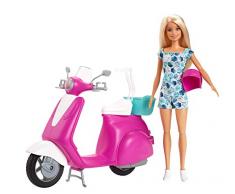 Barbie GBK85 Puppe, blond, mit pink-weißem Motorroller mit Ständer und türkisfarbenem Korb