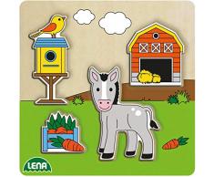 Lena 32151 Holzpuzzle Scheune in der Natur, Legespiel für Kinder ab 18 Monaten, Puzzlespiel aus 100% FSC Holz, Legepuzzle mit 4 Teilen und Grundplatte 14 x 18 cm, Puzzleteile separat bespielbar, bunt