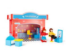 small foot 10856 Spielhaus Friseursalon aus Holz, mit 2 Puppenfiguren, Zubehör und abnehmbarem Dach, ab 3 Jahren