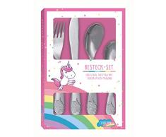 POS 27582 - Besteckset mit niedlicher Einhorn Prägung, 4 teiliges Kinderbesteck aus rostfreiem Edelstahl, spülmaschinengeeignet, bestehend aus Messer, Gabel, großer und kleiner Löffel