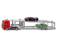 SIKU 3934, Autotransporter, Inkl. 2 Spielzeug-Autos, 1:50, Metall/Kunststoff, Rot/Silber, Abkoppelbarer Auflieger
