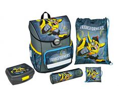 Scooli TFJK8371AZ - Schulranzen mit Schuhbeutel, Brustbeutel, Brotzeitdose und Schlamperetui, leicht, ergonomisch, Transformers mit Bumblebee, 5 teilig