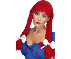 Smiffys, Damen Stoffpuppen Perücke mit Pony, Zöpfen und Schleifen, One Size, Rot, 42233