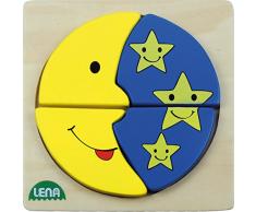 Lena 32132 - Holzpuzzle Mond und Sterne, Kinderpuzzle mit Grundplatte 14 x 14 cm und 4 Puzzleteilen, Teile und Platte aus 100% FSC Holz, Puzzle für Kinder ab 18+ Monaten, Legespiel für Kleinkinder
