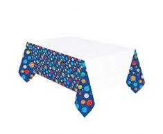 Amscan 572278 - Tischdecke Planeten, 1 Stück, Größe 137 x 243 cm, Kunststoff, wasserabweisend, Blau mit mehrfarbigen Motiven, Blast Off, Weltall, Weltraum, Kinderparty, Geburtstag, Mottoparty