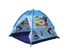 Bino & Mertens 82811- Spielzelt Pirat, blau. Aus PES-Material gefertigtes Kuppelzelt, phantasiefvoll bedruckt mit Piratenwelt-Motiven. Schnell auf-, abgebaut und verstaut. Größe ca. 112x112x94 cm.