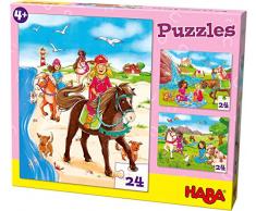 HABA 304221 - Puzzles Pferdefreundinnen, 3 Puzzles mit je 24 Teilen; 3 unterschiedliche Pferde- und Reitmotive, Puzzlespaß ab 4 Jahren
