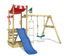 WICKEY Spielturm FunFlyer Spielhaus Kletterturm mit Schaukel Sandkasten Kletterleiter, blaue Rutsche + rote Plane