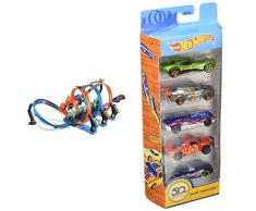 Hot Wheels FTB65 - Action Korkenzieher Crash Trackset, Auto Rennbahn mit 3 Loopings und Beschleuniger & Wheels 01806 5er Pack 1:64 Die-Cast Fahrzeuge Geschenkset