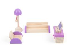 Small Foot 10870 Puppenmöbel aus Holz für das Wohnzimmer im Puppenhaus, inkl. Sofagarnitur, Kommode, TV und Lampe, geeignet für Biegepüppchen, ideales Puppenzubehör für Kinder ab 3 Jahren
