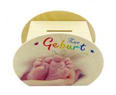 Hess Spielzeug 14549 - Spardose aus Holz, Geburt, ca. 12 cm