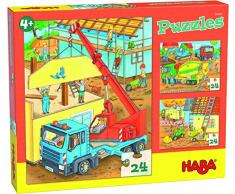 HABA 305469 - Puzzles Auf der Baustelle, Puzzlesammlung mit 3 Baustellen-Motiven für Kinder ab 4 Jahren, Baustellenpuzzles mit je 24 Teilen zum Training der Konzentration und Feinmotorik