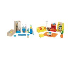 Goki 51903 - Badezimmer Puppenhausmöbel , 17-teilig & 51904 Puppenhausmöbel für das Wohnzimmer, 34-teilig