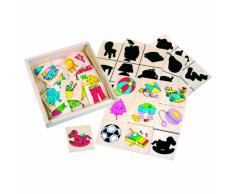 Bino & Mertens 84170 - Schattenspiel aus Holz -was gehört wohin, 40 tlg. in einer Holzbox mit Schiebedeckel. Die bunten Holzplättchen den passenden Schatten zuordnen. Größe ca. 17x4x17.