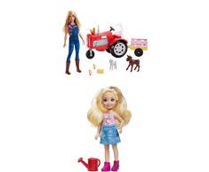 Barbie FRM18 - Bäuerin Puppe mit Traktor, abnehmbaren Anhänger und 5 Tiere, Bauernhof Puppen Spielset, Mädchen Spielzeug + Farm Chelsea Puppe mit Gießkanne und blonden Haaren, Puppen und Puppenzubehör