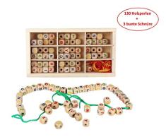 B&Julian Fädelbox Fädelspiel 130 Teile, große Buchstaben aus Holz und 3 Bunte Schnüre zum Basteln von Schmuck DIY Halskette Armbändern und Freundschaftsarmbändern Holzspielzeug ab 3 Jahren