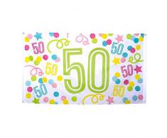 Boland 31154 - Dekorationsfahne Zahl 50, 1 Stück, Größe 90 x 150 cm, Geburtstag, Konfetti, Luftschlangen, mehrfarbig, Polyester, Banner, Wanddekoration, Jubiläum, Hängedekoration, Dekoration