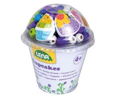 Lena 32001 - Bastelset Holzperlen in Cupcake Dose, mit 200 Fädelperlen, 3 Anhänger und 3 Schnüre, blau, Holzfädelperlen Set für Kinder ab 4 Jahre, Perlen Set zum selber gestalten von Schmuckketten