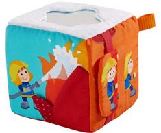 HABA 304239 - Spielwürfel Feuerwehr-Einsatz, Stoffspielzeug ab 6 Monaten, mit Feuerwehrauto zum Herausziehen, viele akustische und haptische Elemente fördern die Sinne von Babys