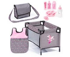Bayer Design 61766AB Puppenzubehör, 11 in 1 Pflegeset, Großes Zubehörset für Babypuppen inkl. Tasche, Reisebett, Schlafsack und Pflegezubehör, grau, pink, gepunktet mit Fee