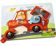 HABA 302536 - Greifpuzzle Feuerwehr, 6-teiliges Holzpuzzle mit Feuerwehr-Motiv und großen Holzknöpfen zum Greifen, Holzspielzeug ab 12 Monaten