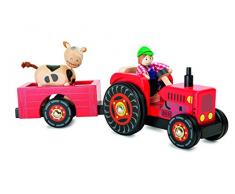 Small Foot 10316 Traktor mit Anhänger „Bauernhof“ aus Holz,mit Biegepuppen Bauer und Kuh und Gummibereifung,ab 3 Jahren Spielwelt